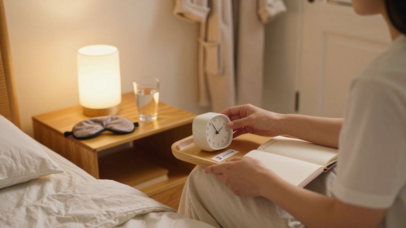 Pessoa sentada na cama, segurando tabuleiro com relógio e caderno, ao lado de mesa de cabeceira com candeeiro e água.