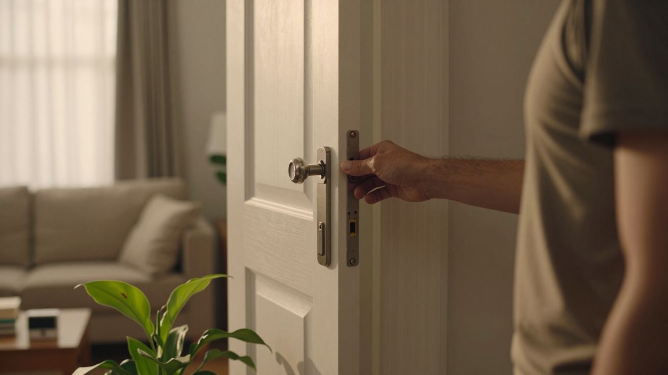 Pessoa abrindo uma porta branca para uma sala com sofá e planta, iluminada por luz natural.