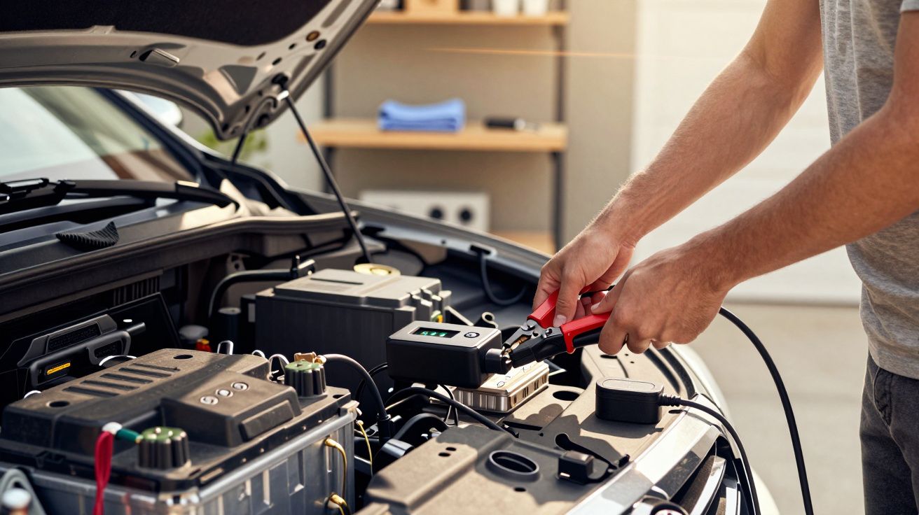 Pessoa a ligar cabos de corrente numa bateria de carro com o capô aberto, mostrando detalhes do motor e ferramentas.