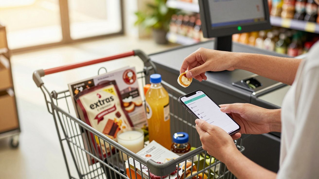 Pessoa usando smartphone e dispositivo de pagamento ao lado de carrinho de compras no supermercado.