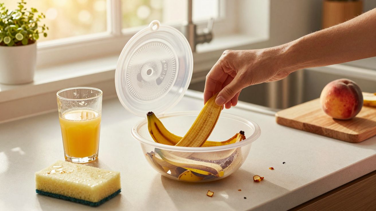 Mão pega banana de recipiente plástico na cozinha; suco de laranja, esponja e pêssego estão sobre a bancada.