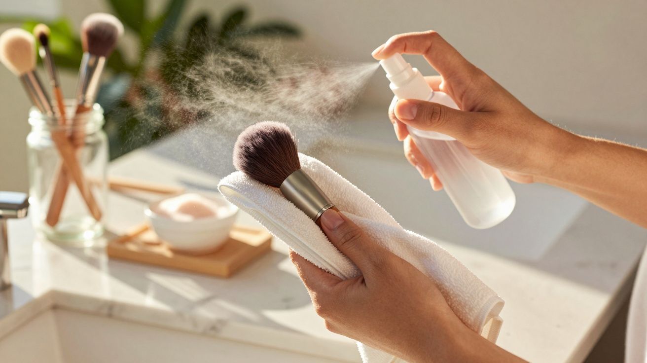 Mãos seguram pincel de maquilhagem e pulverizam limpador; fundo com frascos e planta desfocados.