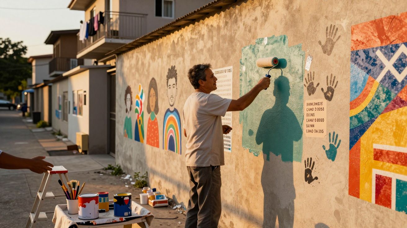 Homem pintando mural colorido numa parede de rua, envolvendo retratos e mãos, com material de pintura ao lado.