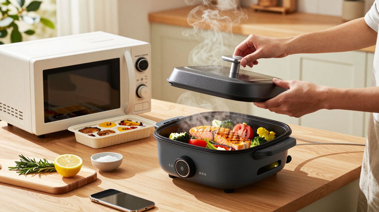 Pessoa a cozinhar legumes e salmão numa panela elétrica numa cozinha, com micro-ondas e ingredientes ao lado.