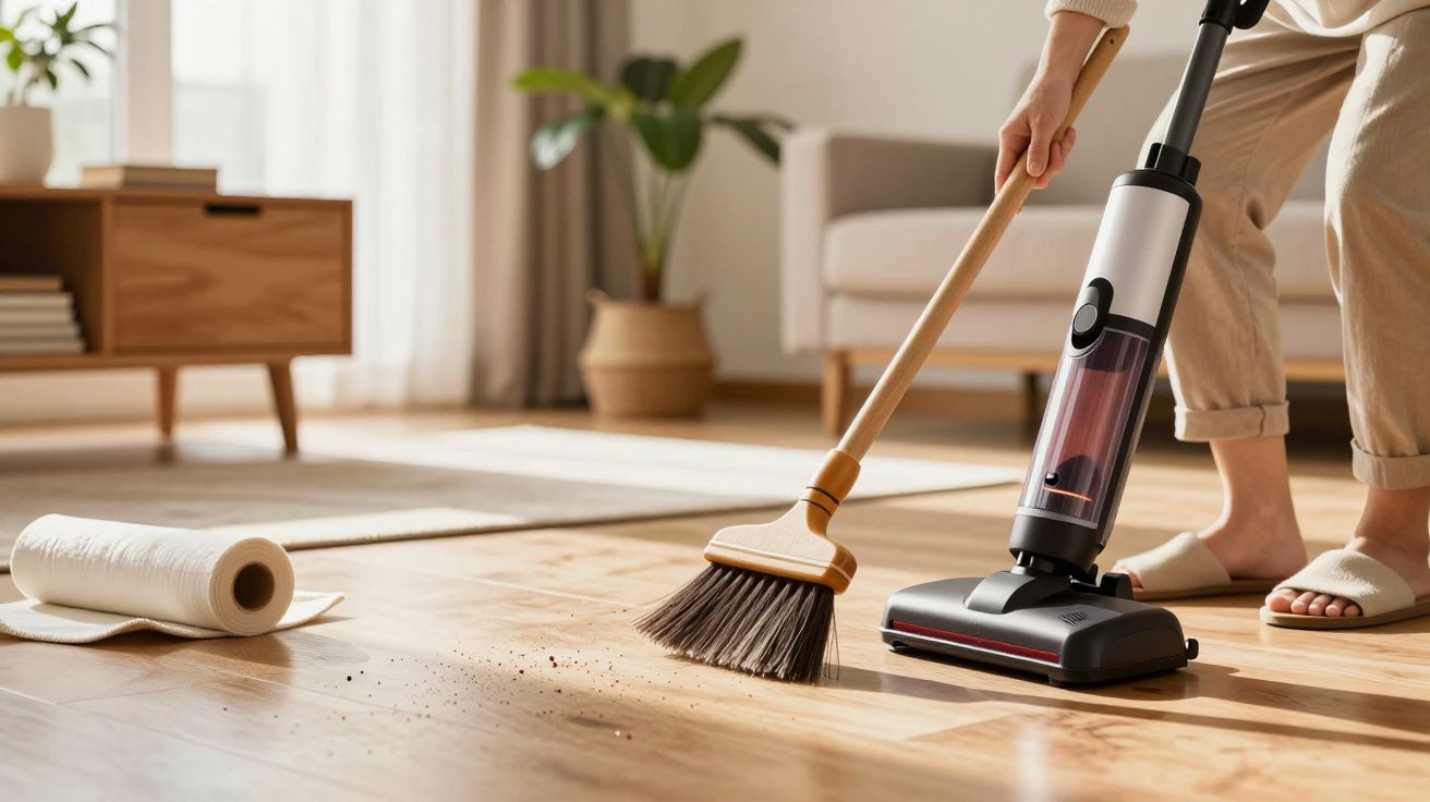 Pessoa a varrer o chão de madeira com uma vassoura e um aspirador, num ambiente de sala de estar bem iluminado.
