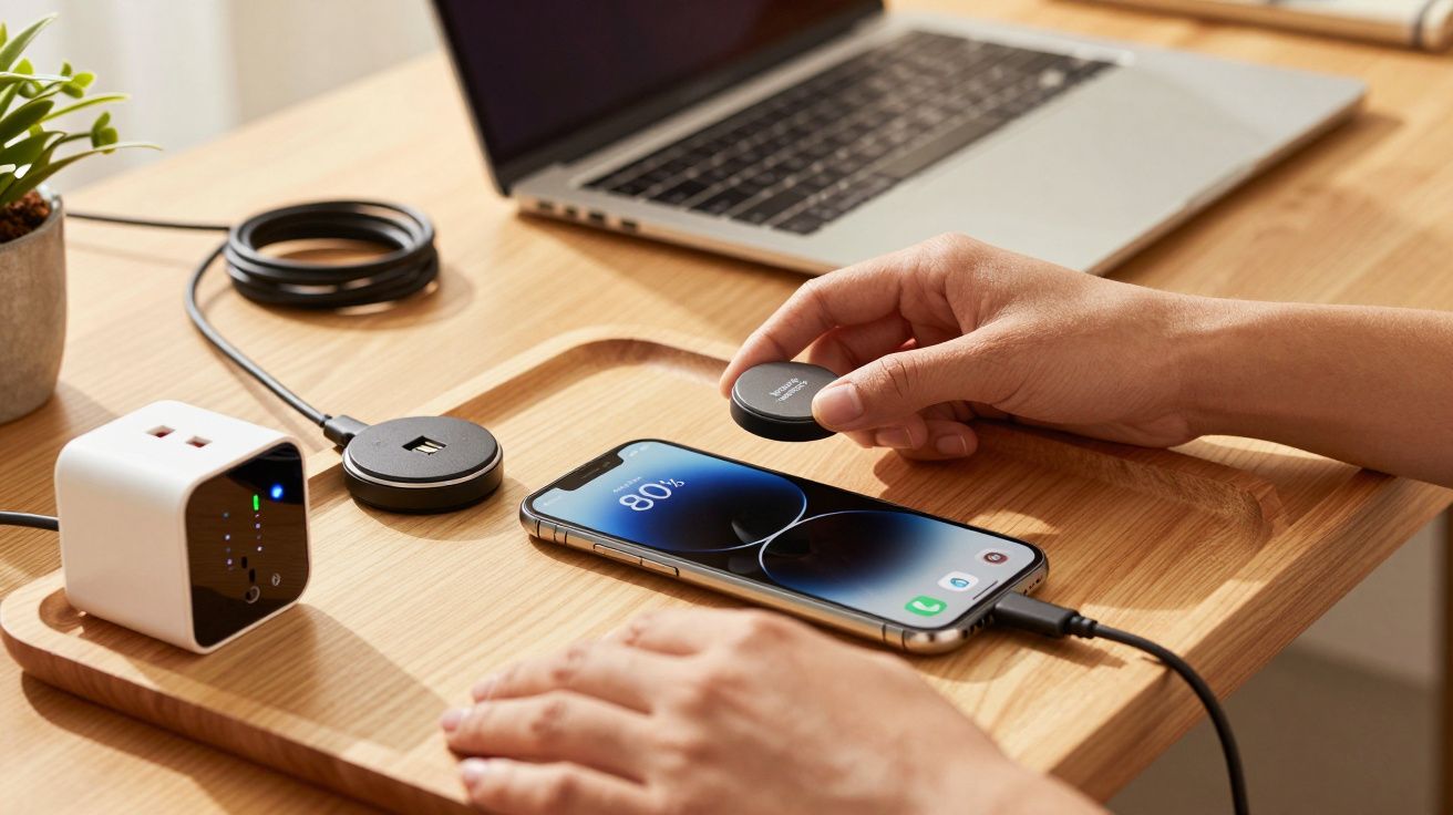 Mesa de trabalho com portátil, smartphone a carregar mostrando 80%, mãos ajustando dispositivo na madeira clara.