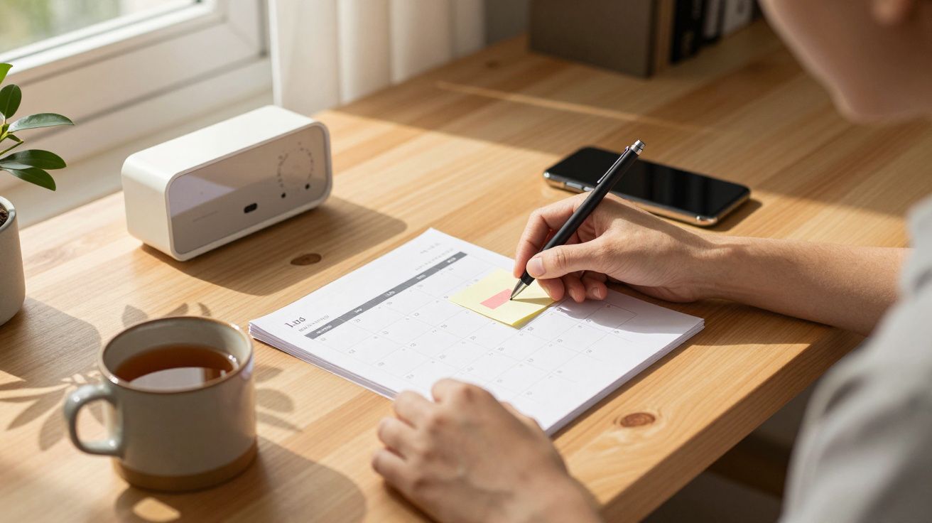 Mão escreve em post-it sobre calendário, com chá, relógio e telemóvel na mesa de madeira.
