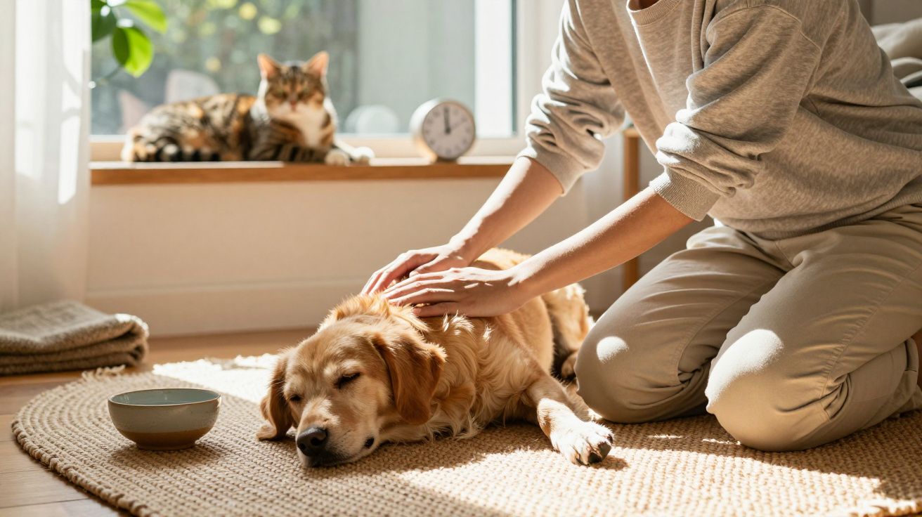 Pessoa acaricia cão deitado num tapete, com gato ao sol na janela ao fundo.