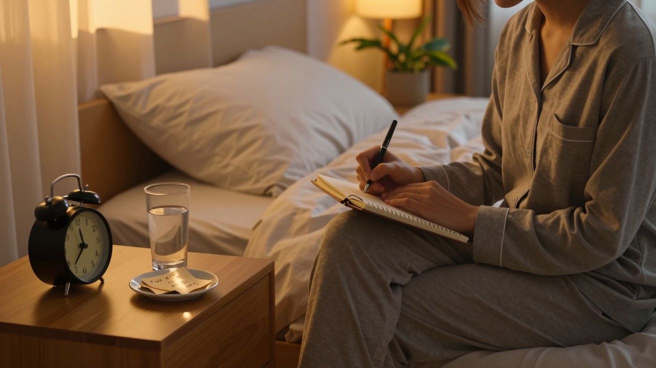 Pessoa sentada na cama a escrever num caderno, com despertador, copo de água e abajur aceso na mesa de cabeceira.