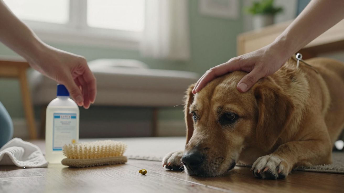 Cão deitado no chão com mão acariciando sua cabeça, próximo a uma escova, garrafa e cápsula.
