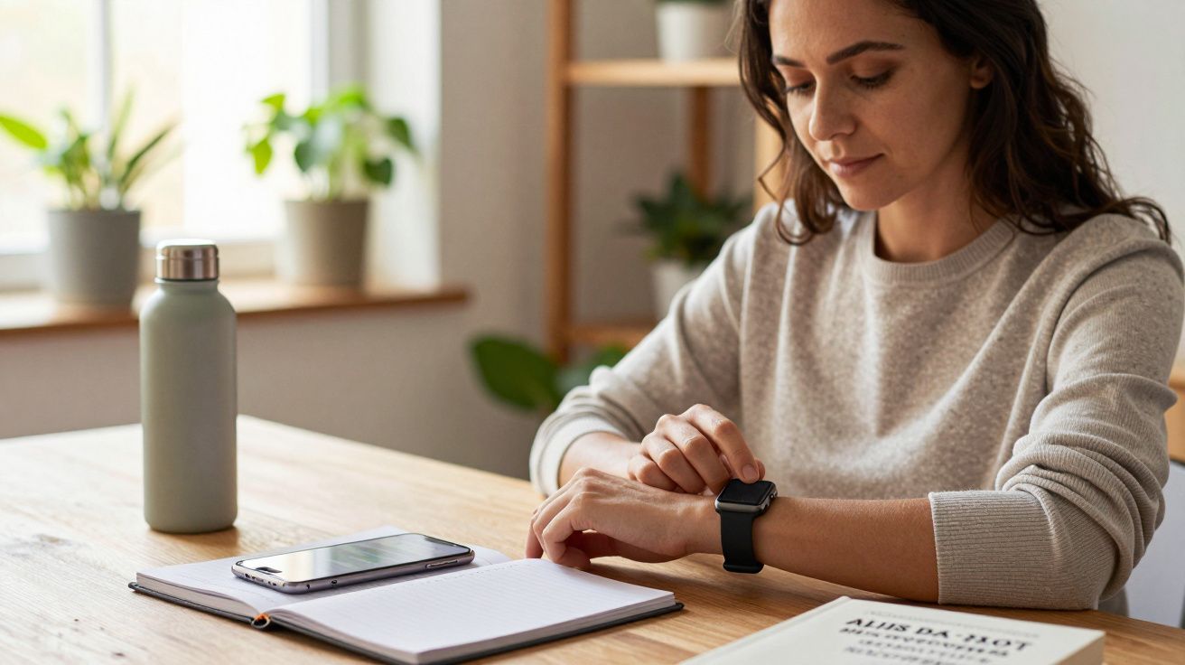 Mulher sentada à mesa verifica relógio enquanto um caderno, telemóvel e garrafa estão ao lado dela.