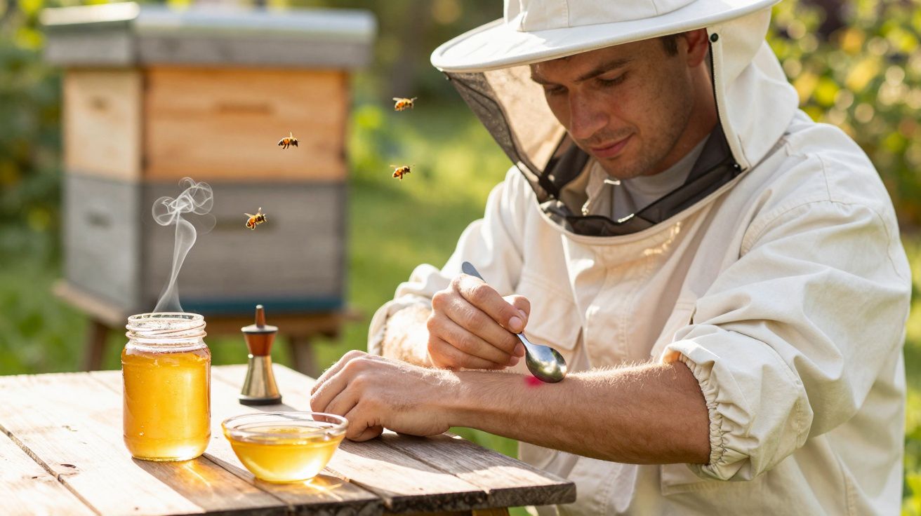 Apicultor aplica mel no braço, perto de colmeia, com abelhas a voar; frascos de mel sobre a mesa.