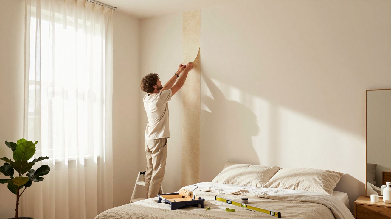 Homem aplicando papel de parede num quarto bem iluminado, ao lado de uma cama e uma planta.