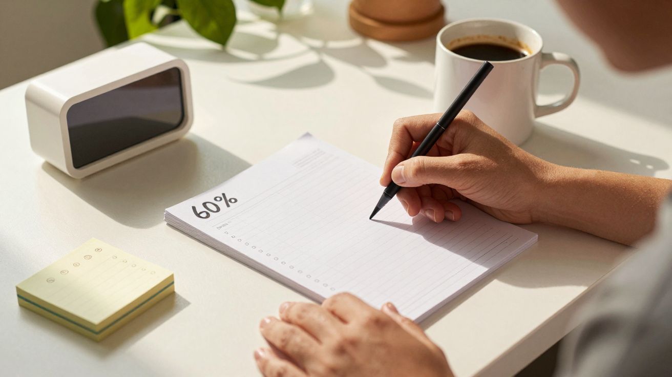 Pessoa escreve num bloco de notas, ao lado de um relógio, notas adesivas e uma caneca de café, numa mesa branca.