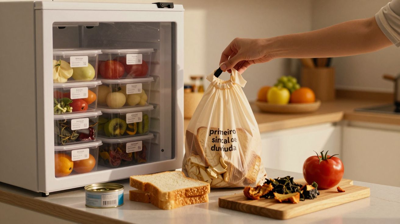 Mão segura saco reutilizável em cozinha, com mini frigorífico cheio de vegetais e frascos, tomate e pão sobre a bancada.