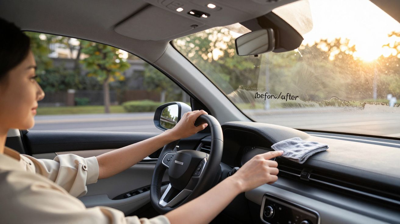 Mulher a conduzir carro limpa o para-brisas com um pano enquanto observa a estrada ao pôr do sol.