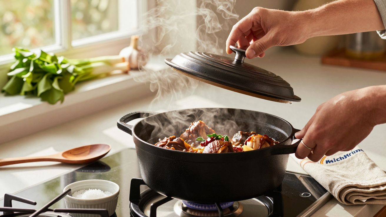 Pessoa levanta a tampa de uma panela preta no fogão, revelando refeição a fumegar. Cozinha com luz natural.