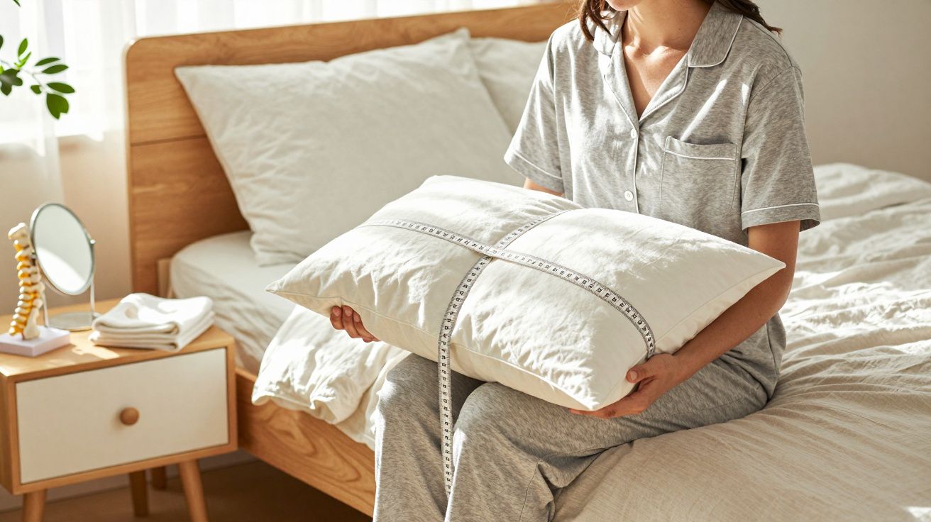 Mulher de pijama cinzento sentada na cama, segurando uma almofada com fita métrica, num quarto iluminado pelo sol.