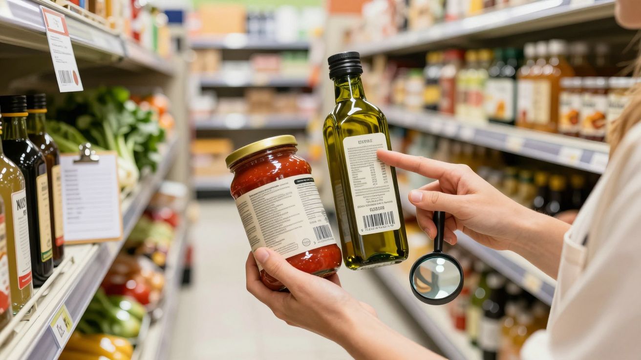 Pessoa comparando rótulos de frasco de tomate e garrafa de azeite com lupa num supermercado.