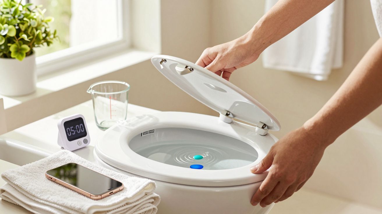 Mãos abrindo dispositivo de limpeza ultrassónica numa bancada de banheiro; ao lado, um temporizador e um smartphone.