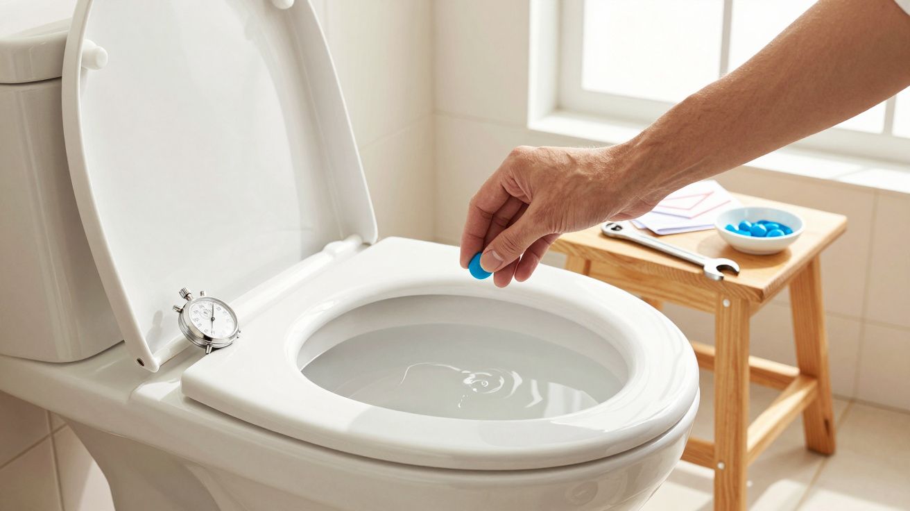 Mão colocando uma pastilha azul na sanita aberta, com cronómetro ao lado e banco de madeira ao fundo.