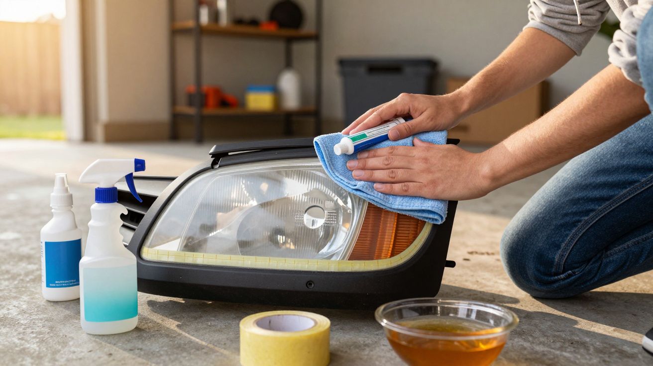 Pessoa a polir um farol de carro com um pano azul, rodeada por produtos de limpeza e fita adesiva.
