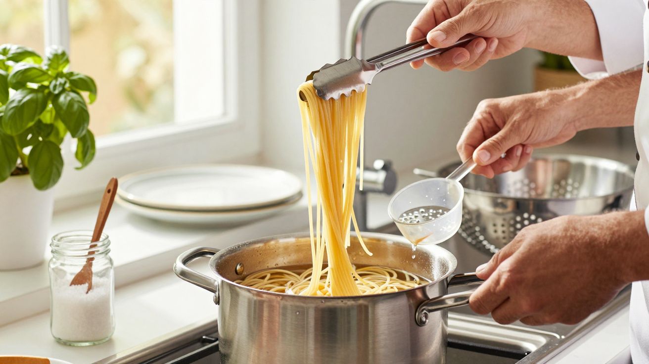 Pessoa a escorrer esparguete cozido numa panela, junto a um frasco de sal e uma planta de manjericão numa cozinha iluminada.