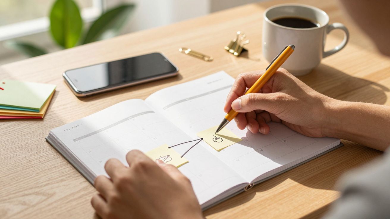 Pessoa escreve notas adesivas num caderno com caneta dourada, ao lado de um smartphone e uma chávena de café.