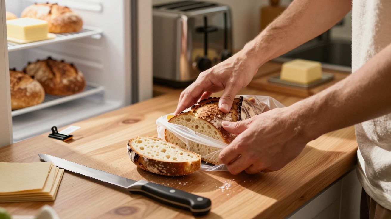 Pessoa a cortar pão fresco na cozinha, com faca serrilhada e manteiga ao lado, frigorífico aberto ao fundo.