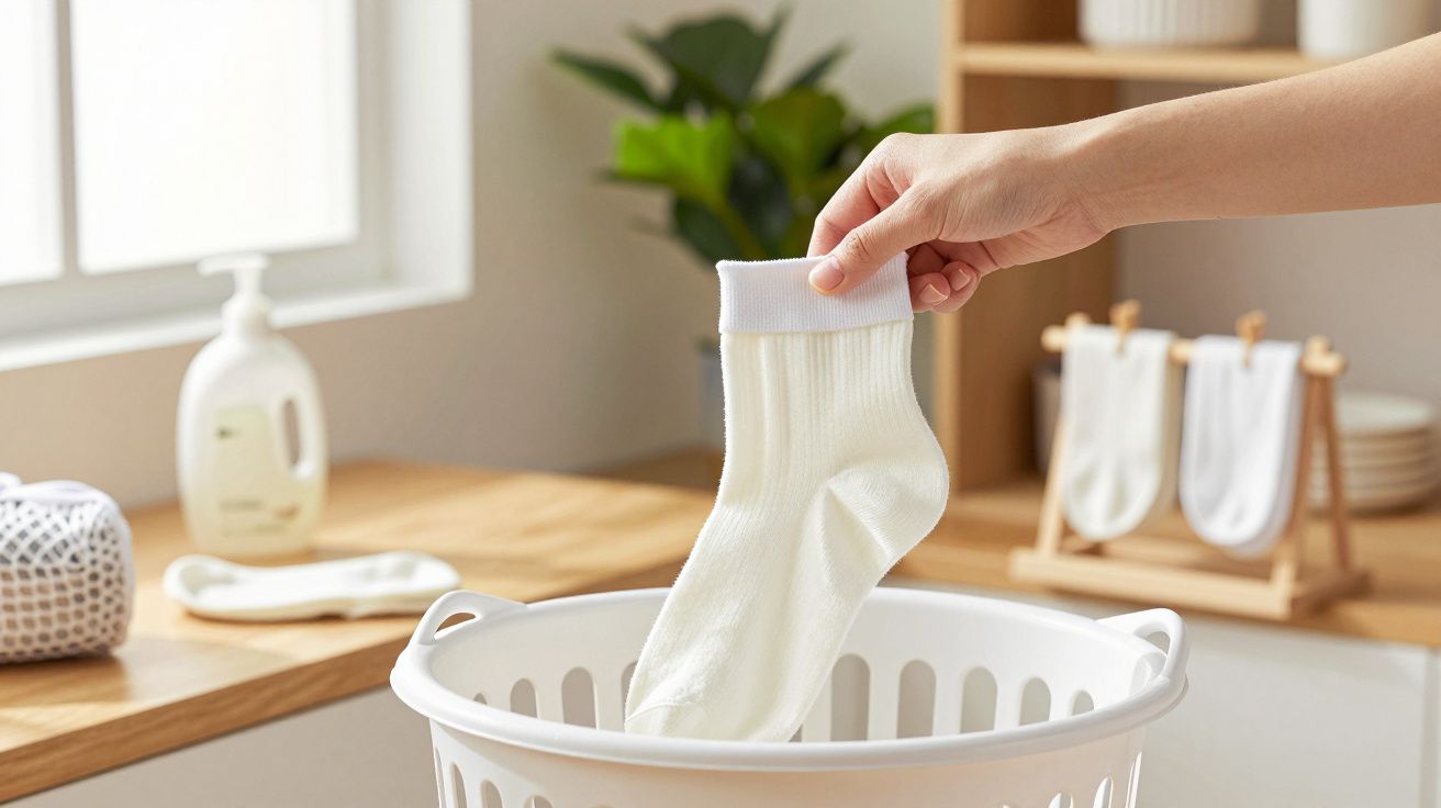 Mão a colocar meia branca em cesto de roupa, num ambiente de lavandaria iluminado e organizado.