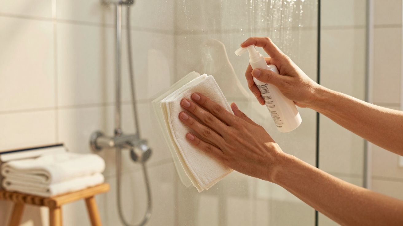 Pessoa a limpar vidro de chuveiro com spray e panos num WC moderno.