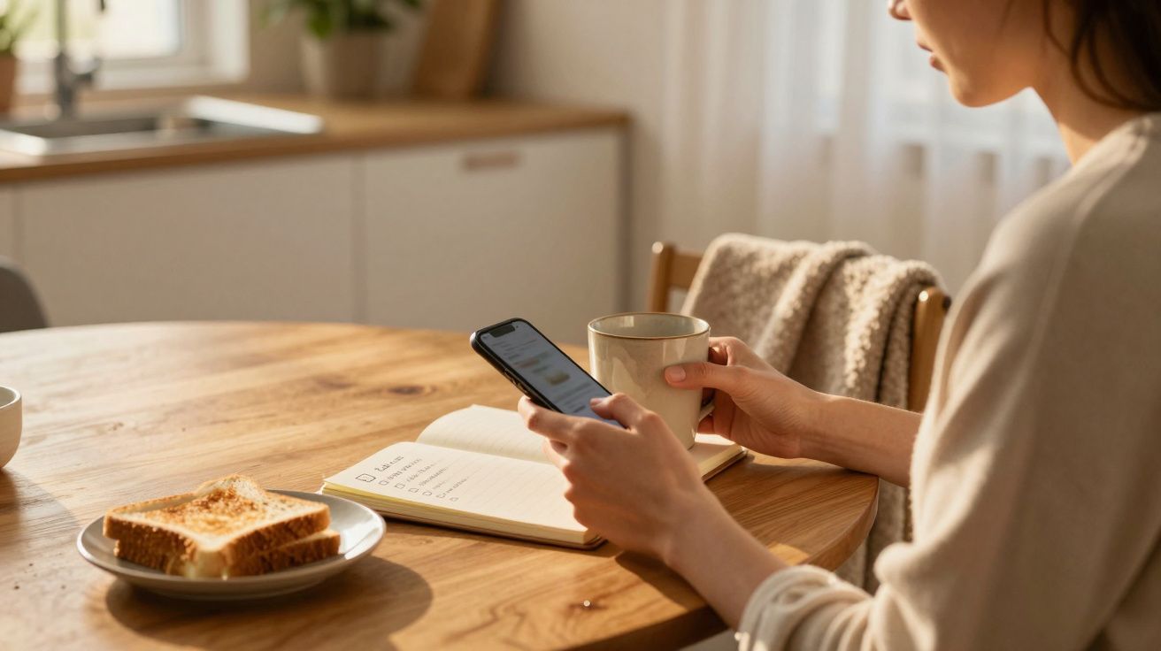 Pessoa sentada à mesa com chávena, telemóvel e livro, ao lado de um prato com torradas. Luz suave de manhã.