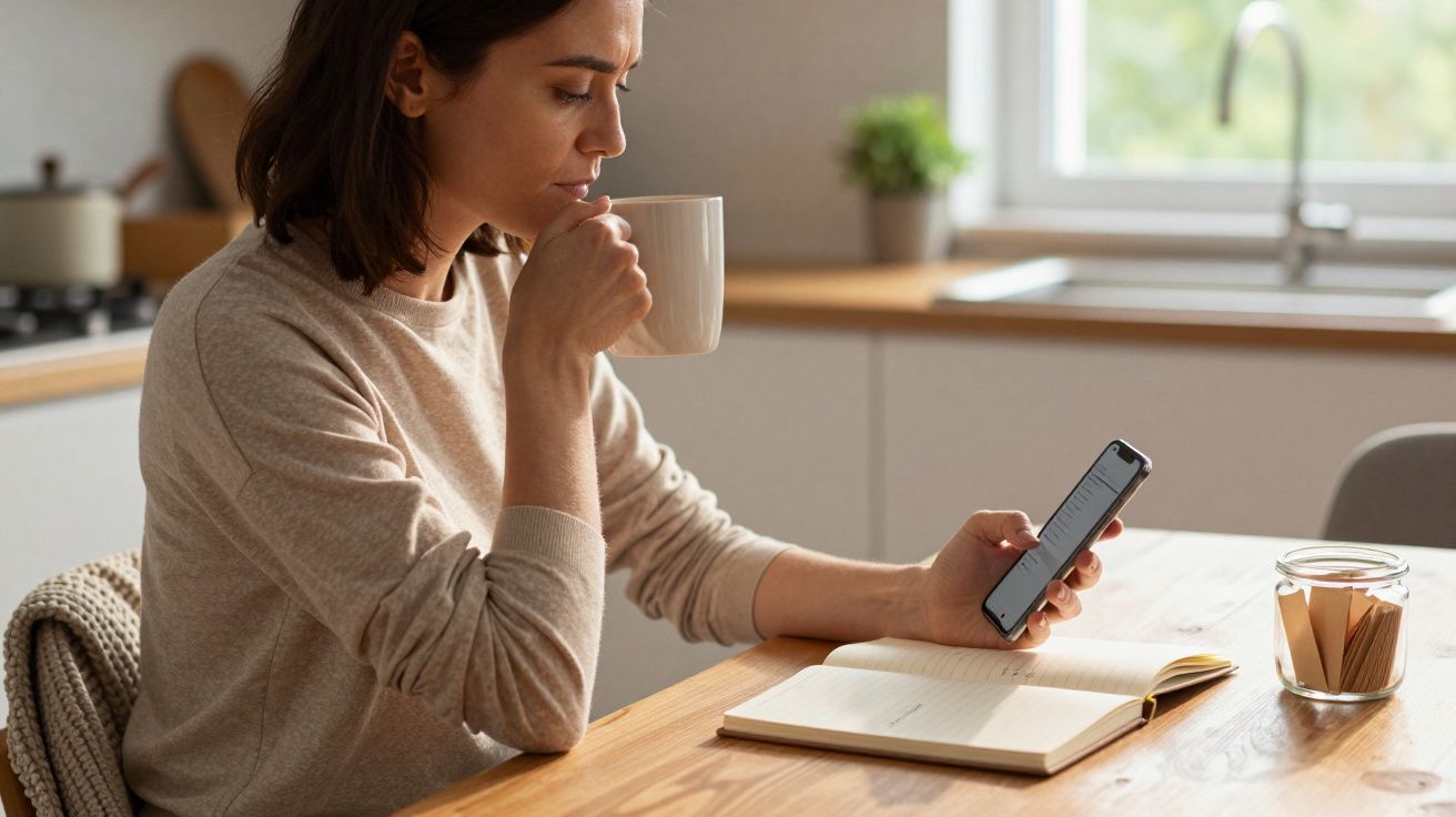 Mulher sentada à mesa com chávena, olhando para o smartphone com caderno aberto à frente, na cozinha iluminada.