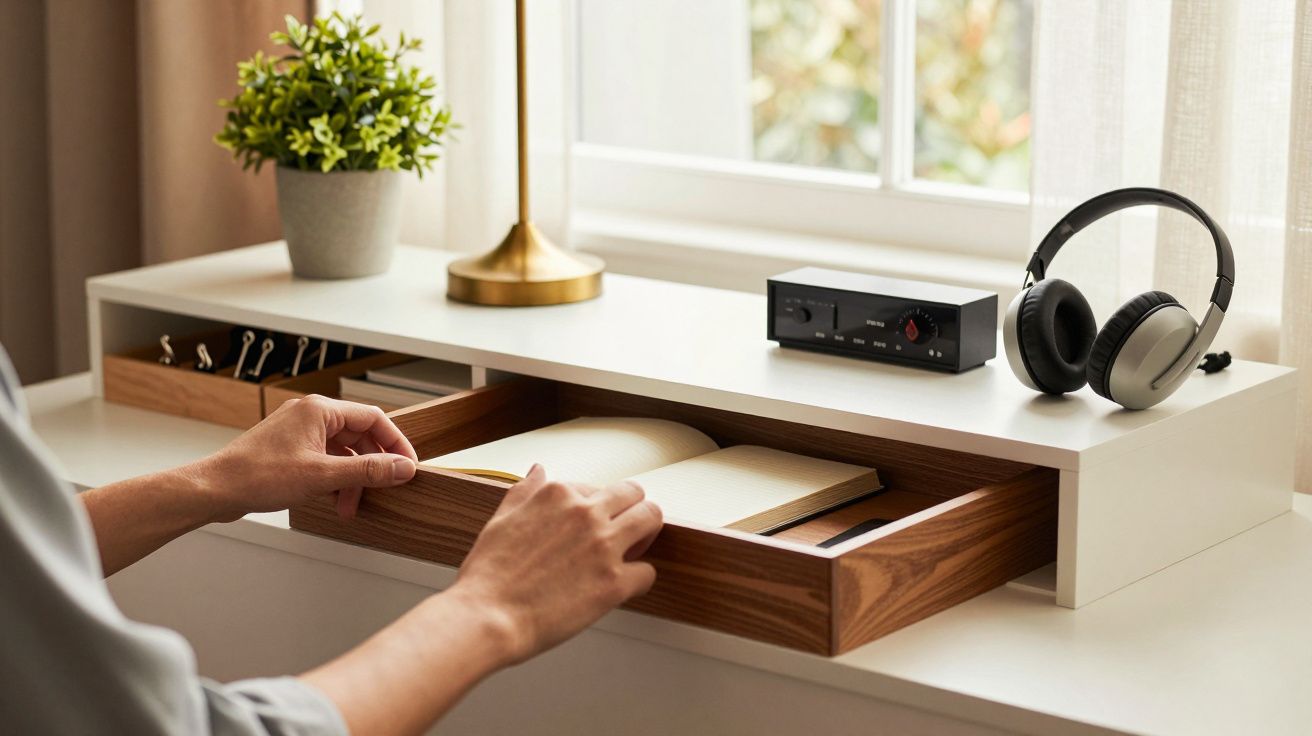Pessoa a abrir gaveta com caderno. Em cima, auscultadores, relógio e planta sobre a secretária junto à janela.