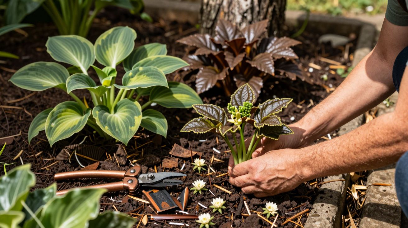Pessoa a plantar no jardim com ferramentas de jardinagem e várias plantas ao redor.