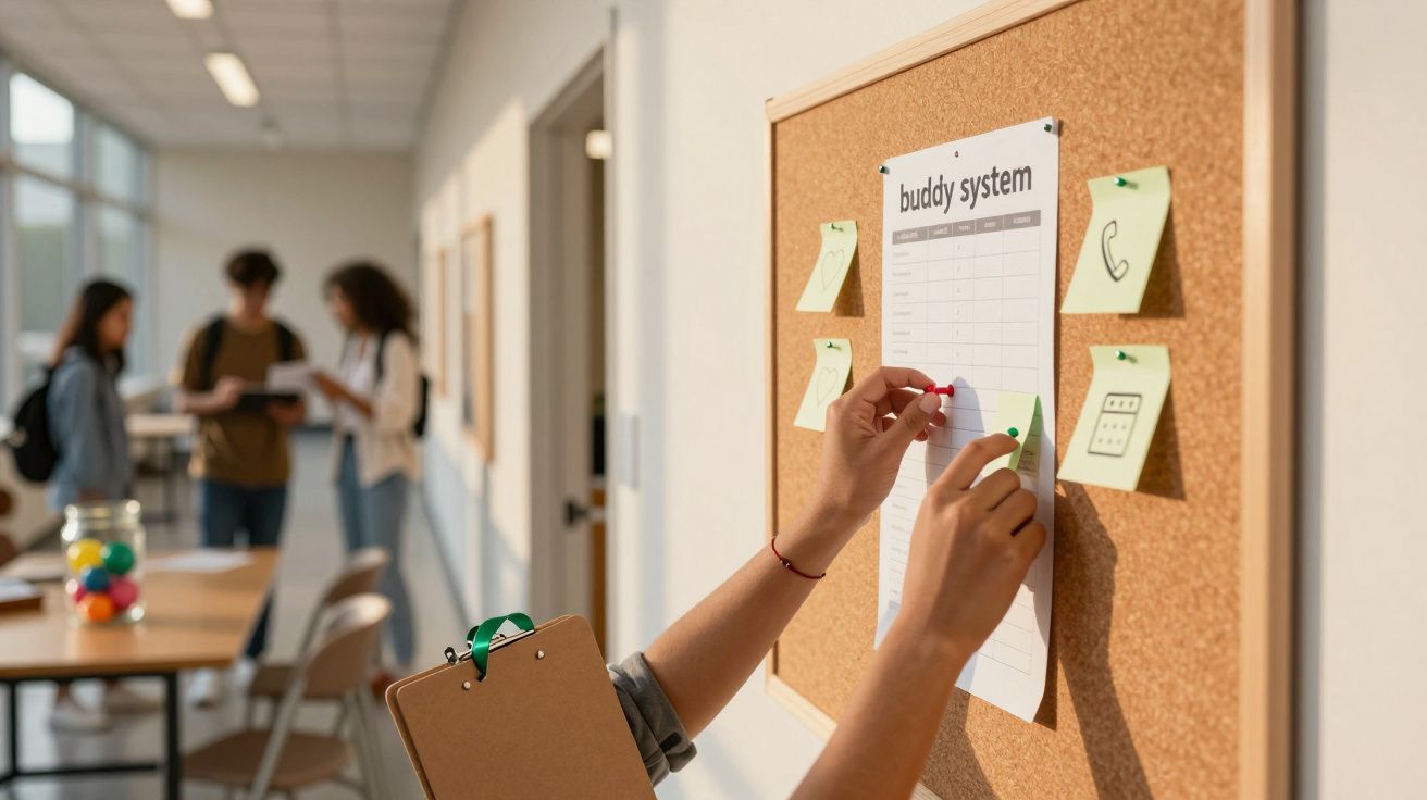 Mão pendura folha num quadro de avisos enquanto três pessoas conversam ao fundo de um corredor escolar.