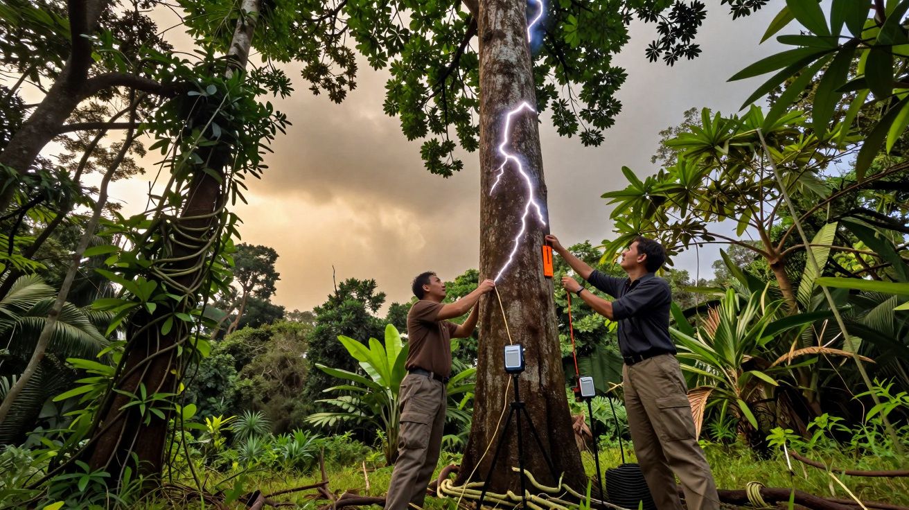 Dois cientistas investigam um raio energético num tronco de árvore em floresta tropical ao entardecer.