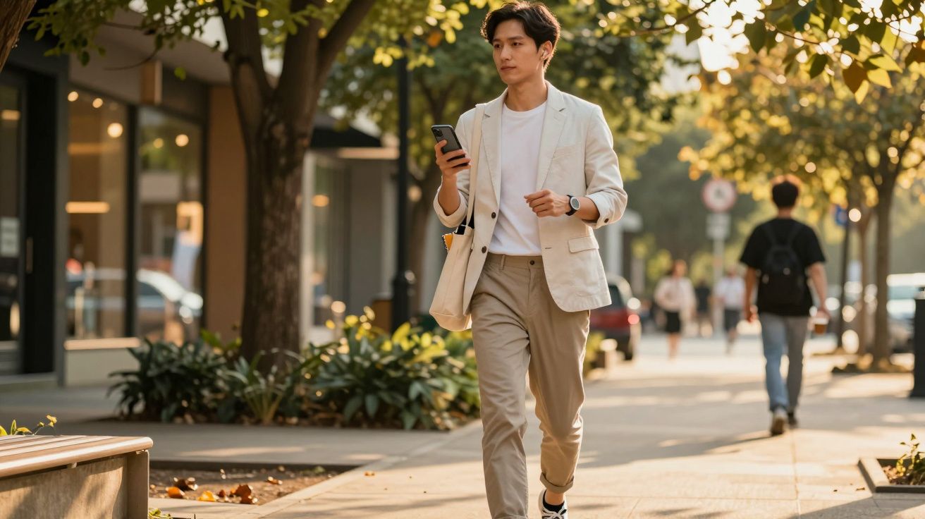Homem a caminhar numa rua arborizada, segurando um telemóvel, vestido com blazer claro e calças bege.