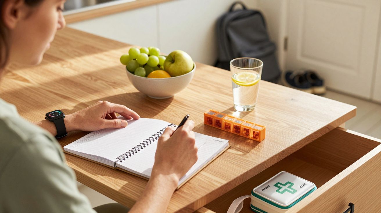 Mulher escreve num caderno à mesa com fruta, copo de água, caixa de comprimidos e estojo de primeiros socorros.