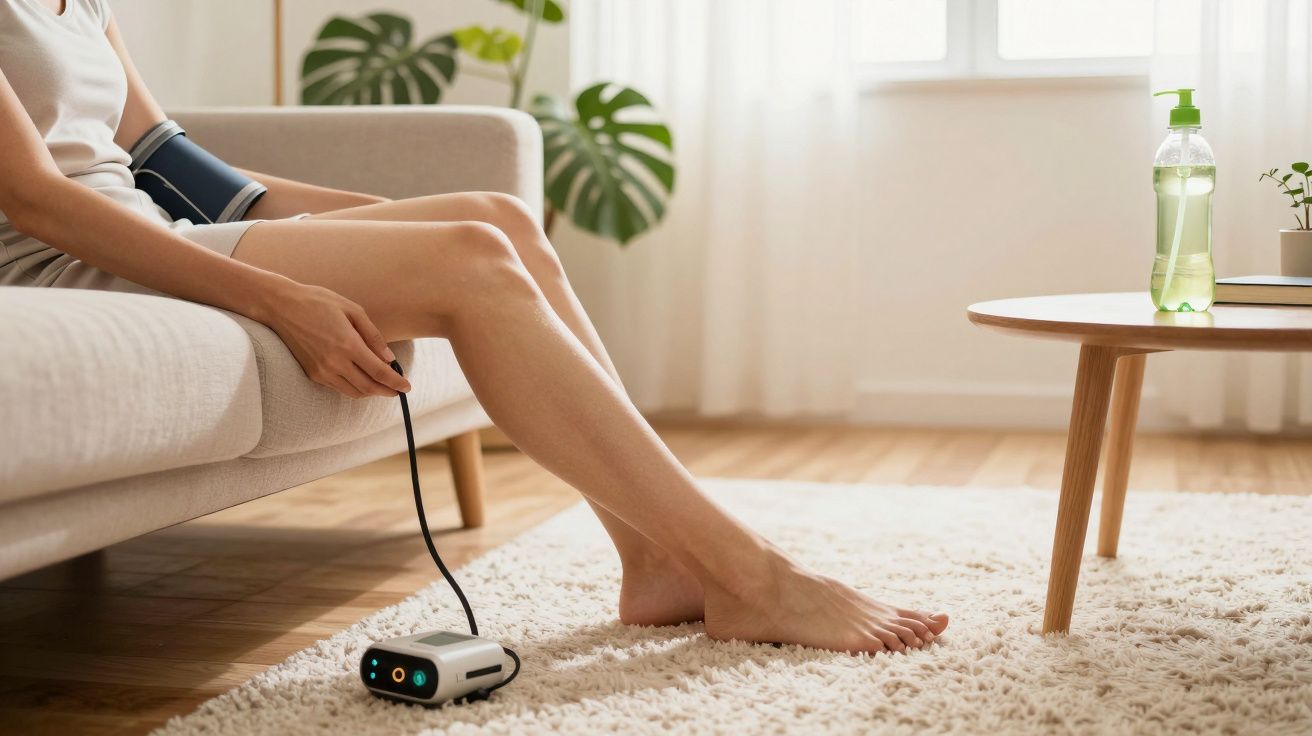 Pessoa sentada no sofá a medir a pressão sanguínea com um dispositivo médico portátil, garrafa verde na mesa.