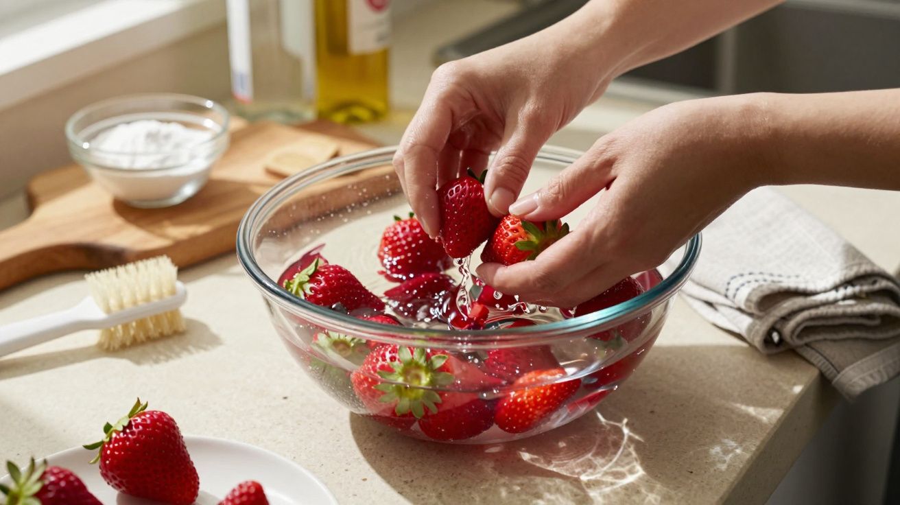 Mãos lavando morangos em água numa tigela de vidro numa cozinha, com utensílios e toalha ao fundo.