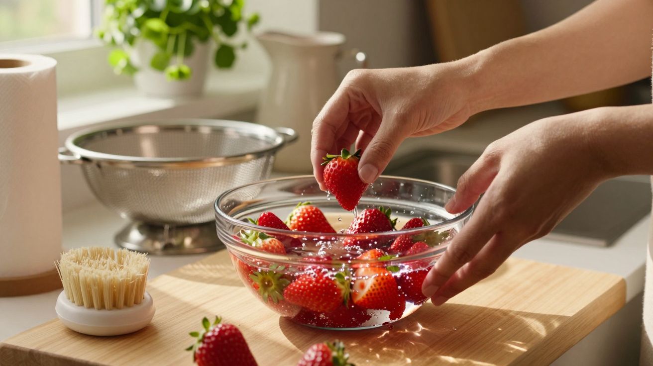 Mãos a lavar morangos numa tigela de vidro, em cima de uma tábua de madeira, com luz natural na cozinha.