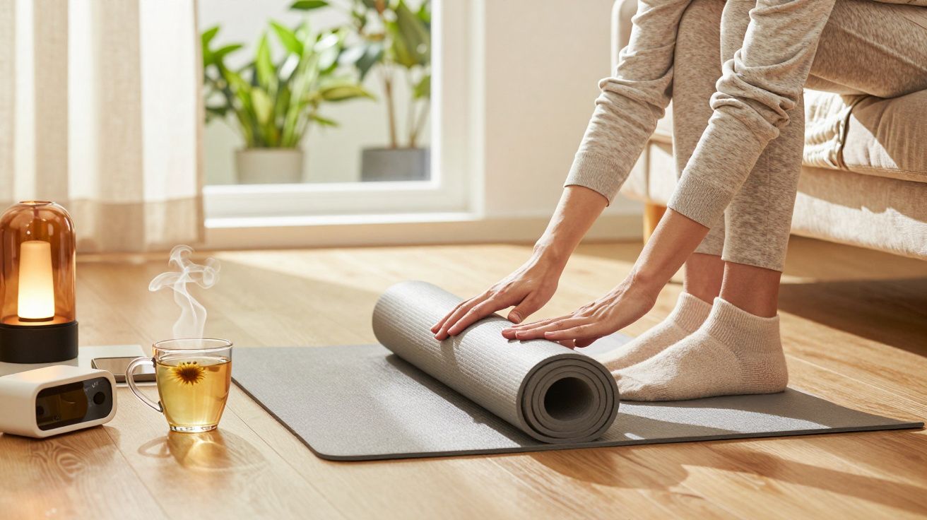 Pessoa em roupa confortável desenrolando um tapete de ioga numa sala iluminada com uma chávena de chá na mesa.