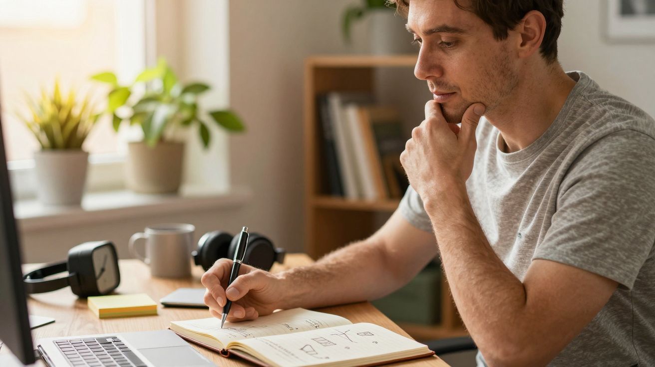 Homem sentado à secretária, escreve num caderno enquanto olha para o portátil. Ambiente de trabalho com plantas.