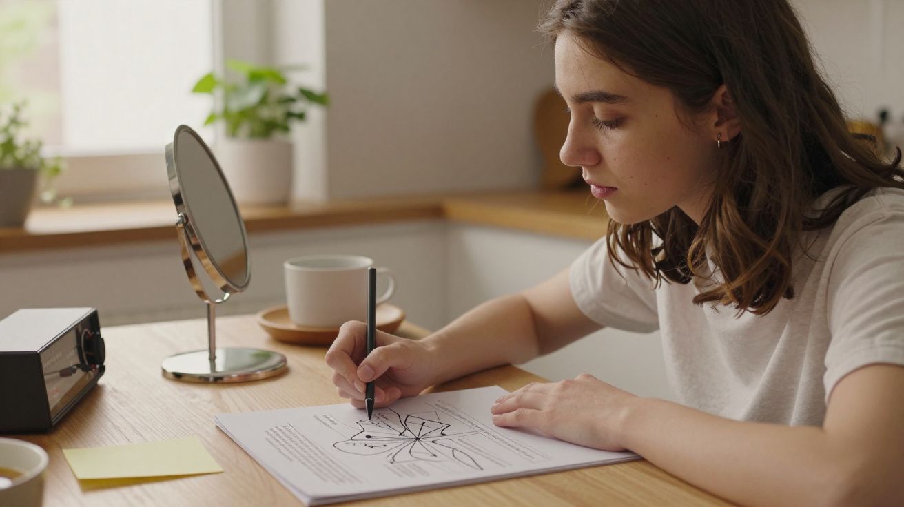 Jovem a desenhar num bloco de papel numa cozinha, com caneca e pequeno espelho sobre a mesa.