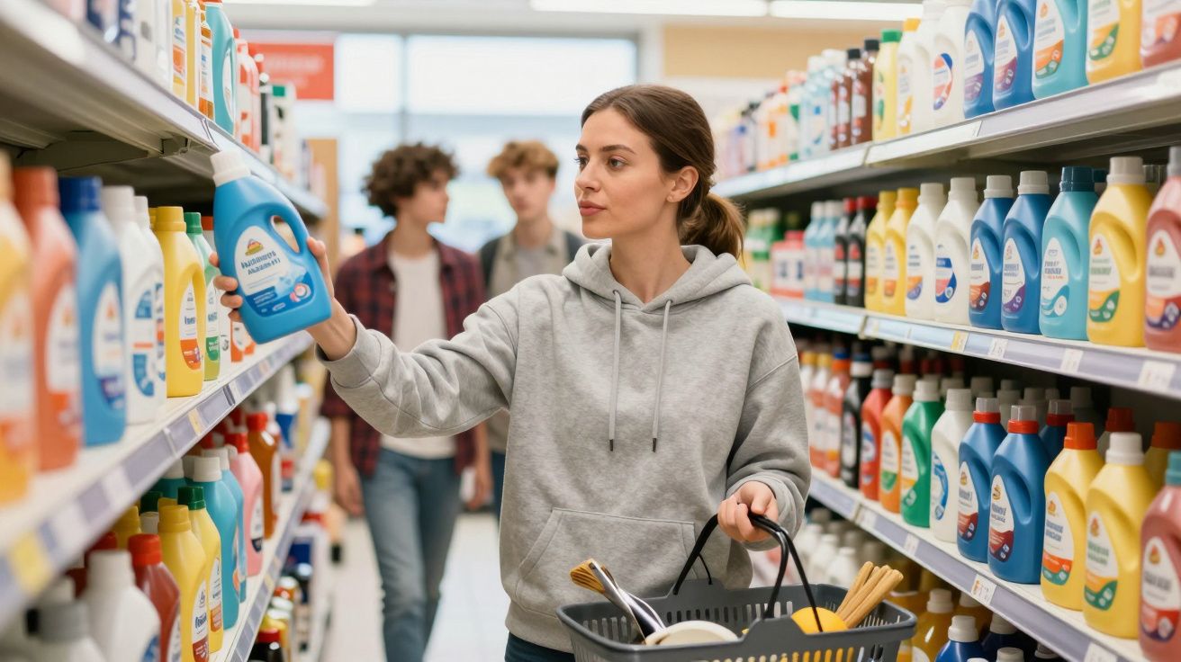 Mulher com casaco cinza escolhe detergente numa prateleira de supermercado, segurando um cesto de compras.