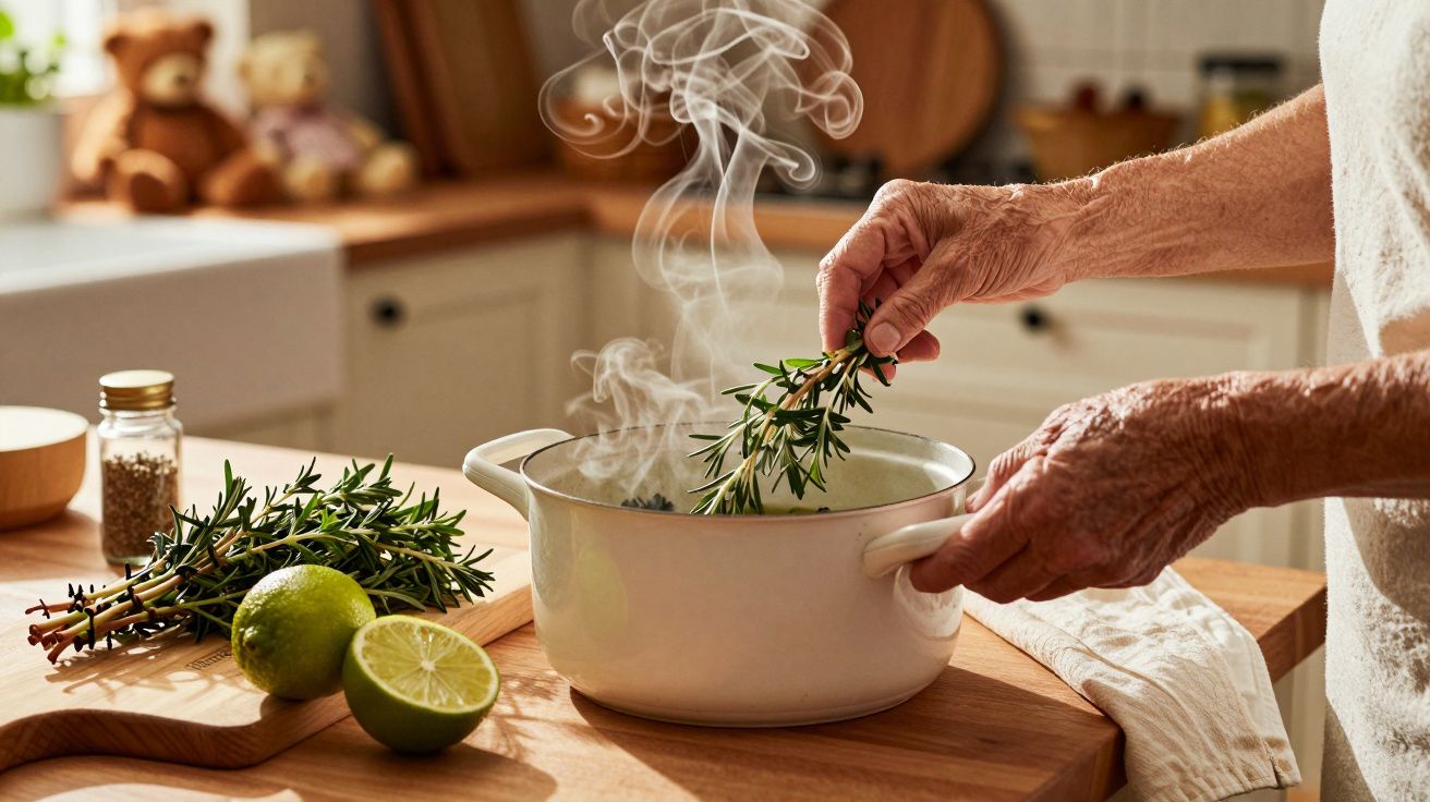 Mãos de pessoa idosa colocando ramos de alecrim numa panela a ferver numa cozinha iluminada.
