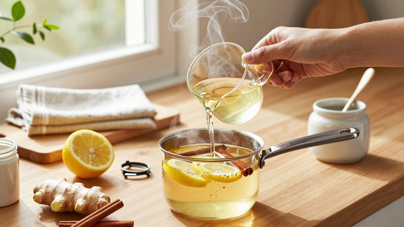 Mão a verter chá com limão e canela numa panela quente em cima da bancada de madeira, com gengibre e limão ao lado.