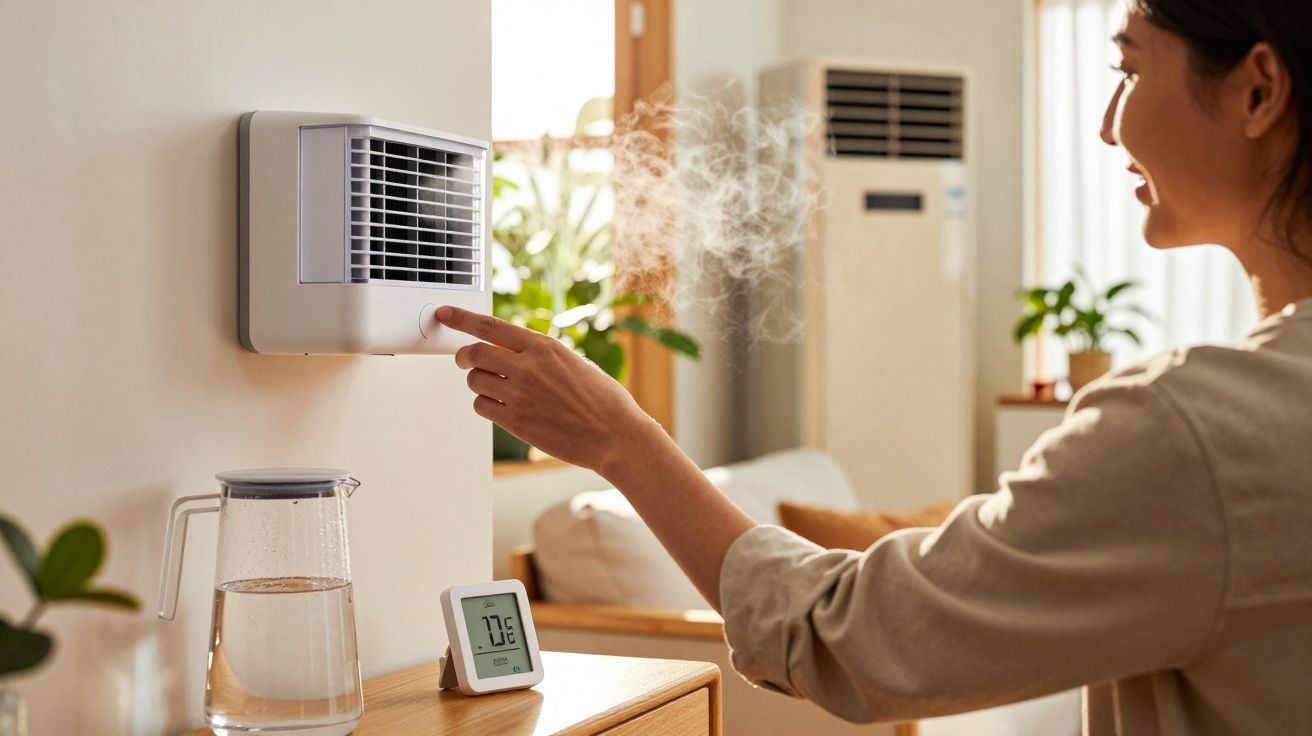 Mulher ajusta desumidificador na parede; jarro de água e termómetro digital mostram 71,6°F numa sala iluminada.