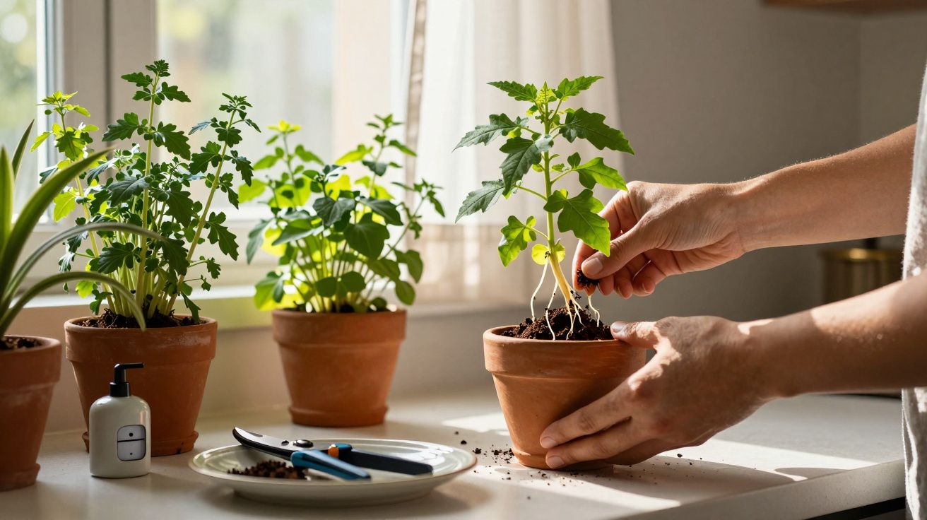Pessoa cuidando de plantas num vaso de barro sobre uma bancada iluminada pela luz do sol entrando pela janela.
